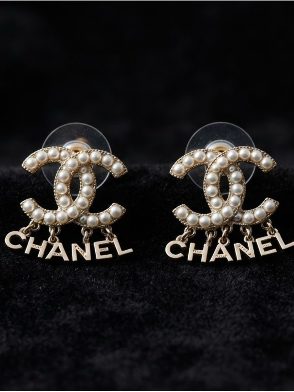 Gold-Tone Pearl C Letter Drop Earrings with Lettering